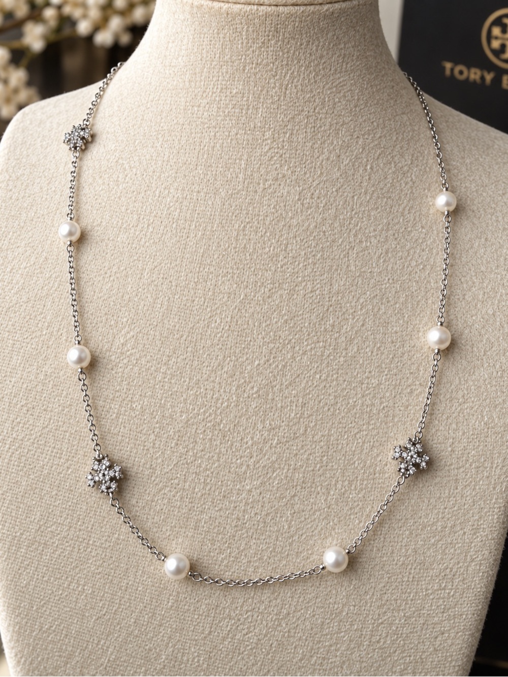 Tory Burch Silver Necklace with White Pearls and Crystal Flowers